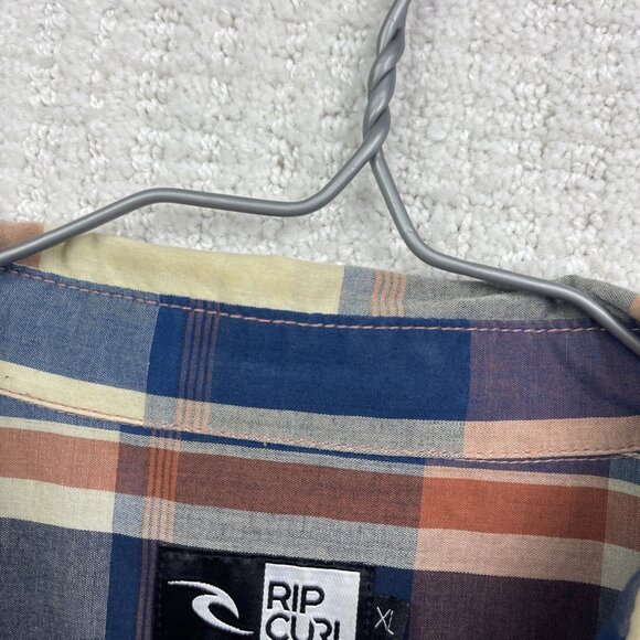 Rip Curl Men's XL Y2K Grunge Blue Plaid Distressed Short Sleeve Button Up Shirt - Picture 10 of 14
